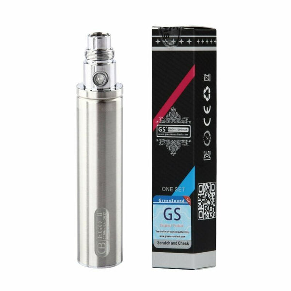 GS eGo II 2200mAh or GS eGo III 3200mAh in Silver vape battery mega kit, providing high-capacity power for extended vaping sessions.