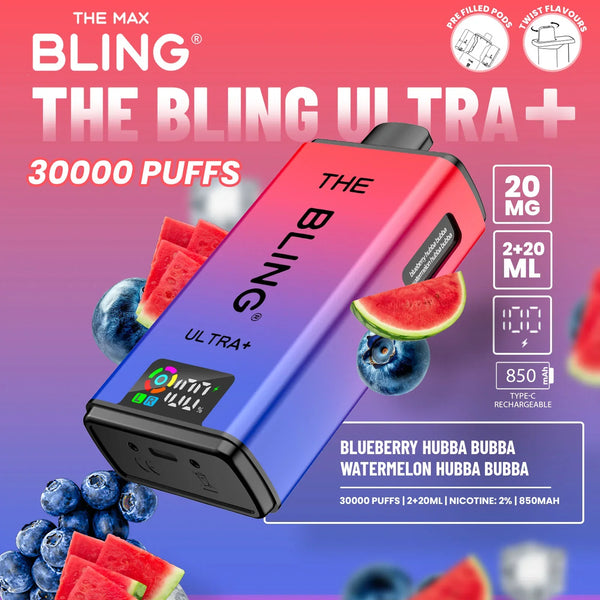 Bling Ultra Plus 30k Puffs Prefilled Pod Vape Box of 5, Blueberry Hubba Bubba Flavor