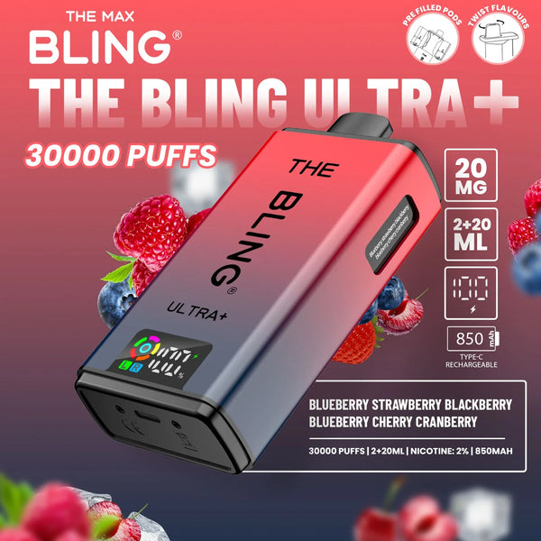 Bling Ultra Plus 30k Puffs Prefilled Pod Vape Box of 5, Blueberry Strawberry Blackberry Flavor