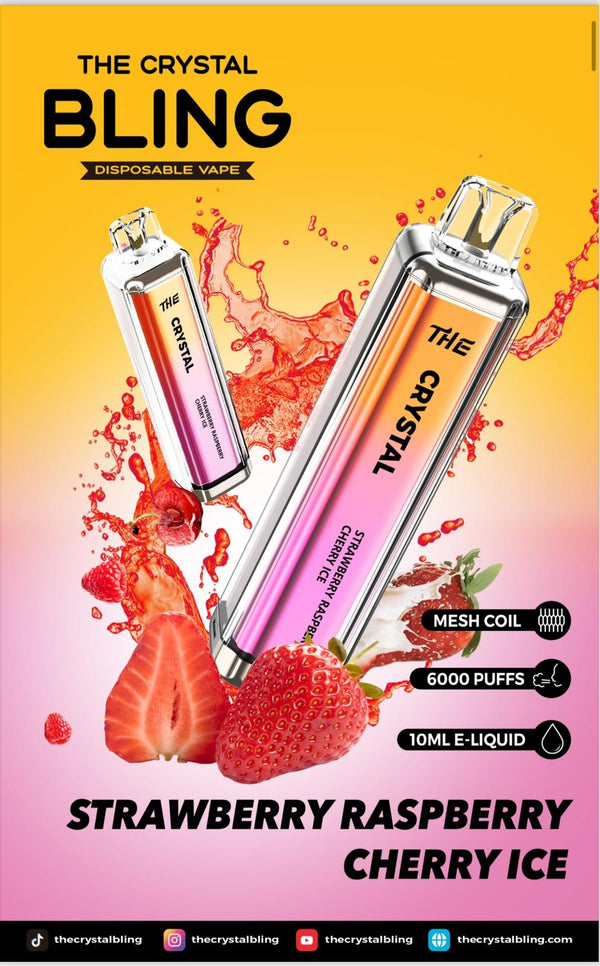 Crystal Bling 6000 Prefilled Vape Pod Device, Strawberry Raspberry Cherry Ice Flavor