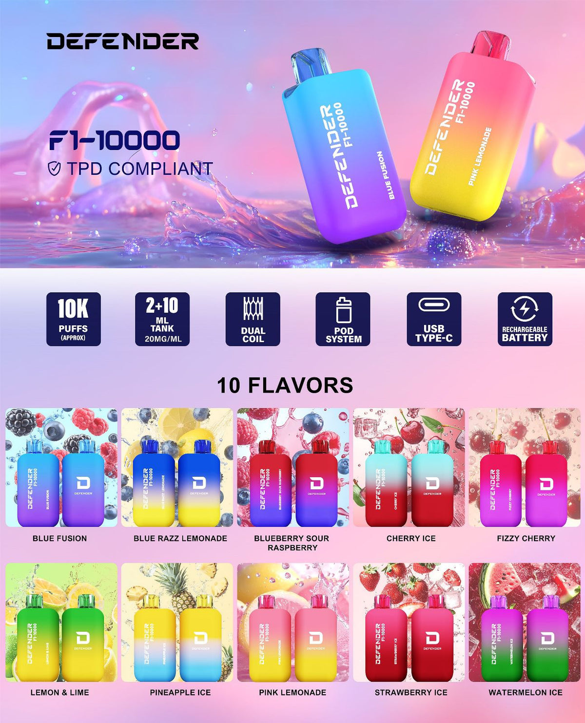 Defender F1-10K Prefilled Vape Kit Pack of 5 at UK Vaper