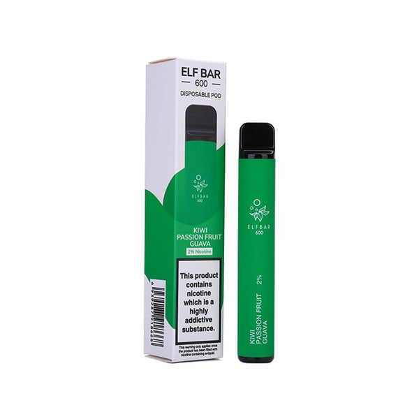 Elf Bar 600 Puff Prefilled Vape Pod Device Box of 10, Kiwi Passion Fruit Guava Flavor