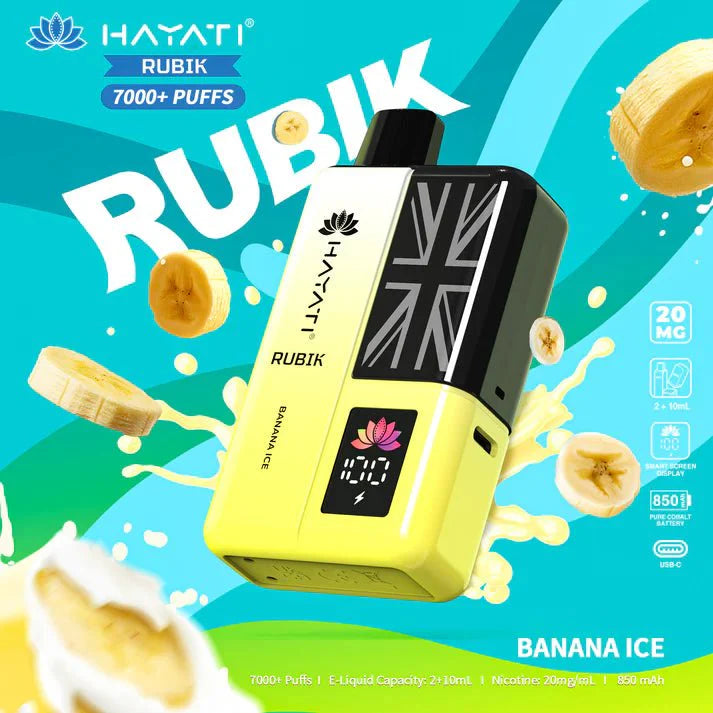 Hayati Rubik 7000 Puffs Pre Filled Vape Kit Pack of 5, Banana Ice Flavor