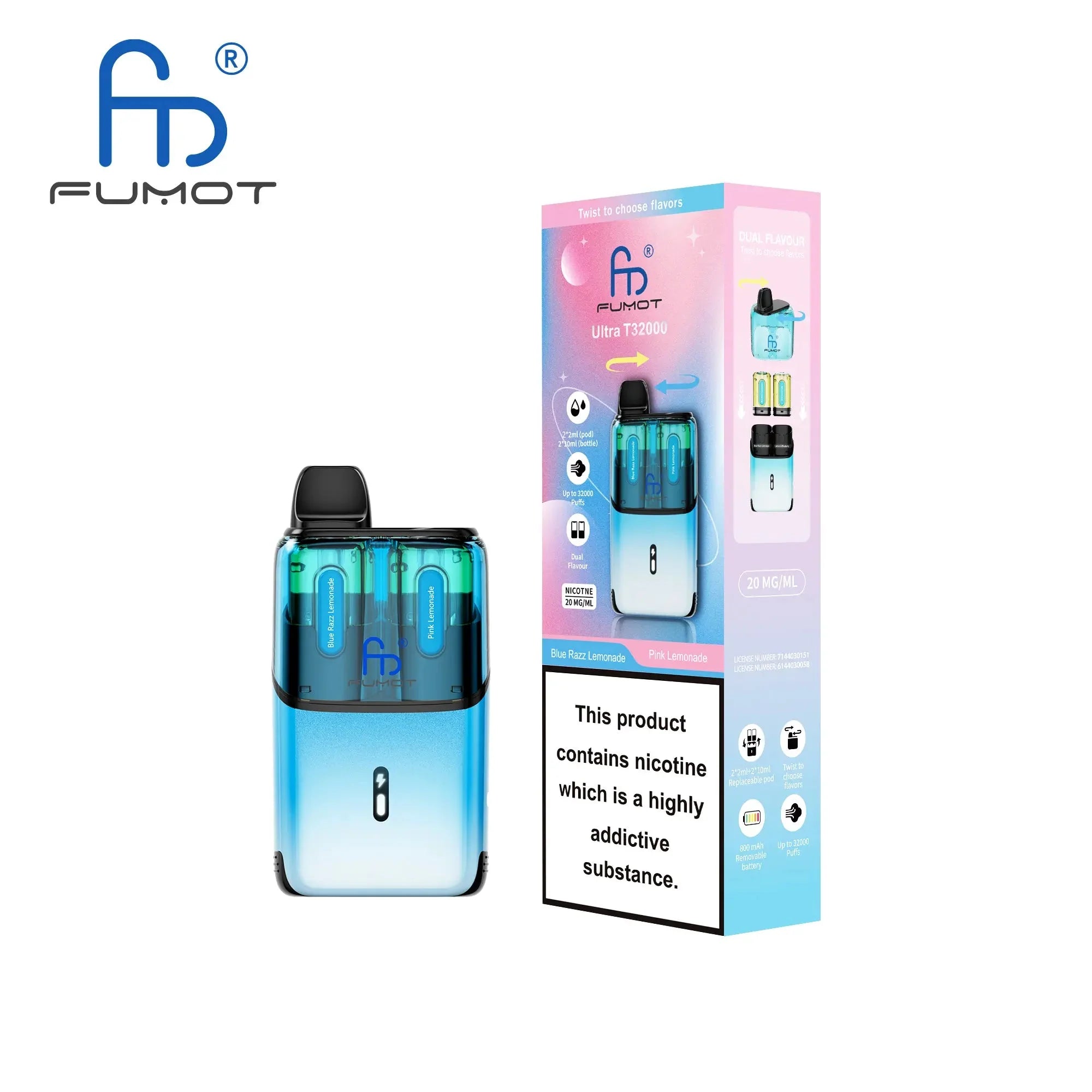 RandM Fumot T32000 Ultra Prefilled Pod Kit Box of 5, Pink Lemonade Flavor