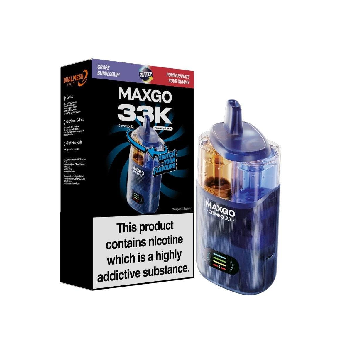 RELX MAXGO Combo 33000 PreFilled Pod Kit Box of 3, Grape Bubblegum Flavor