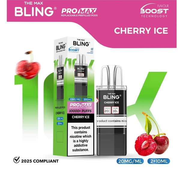 The Bling 10K Pro Max Replacement Prefilled Pods - Box of 5 Available In Cherry Ice Flavour 