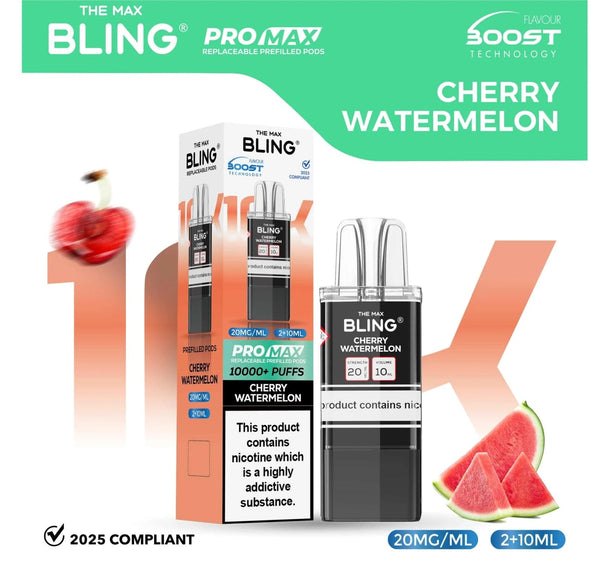 The Bling 10K Pro Max Replacement Prefilled Pods - Box of 5 Available In Cherry Watermelon Flavour 