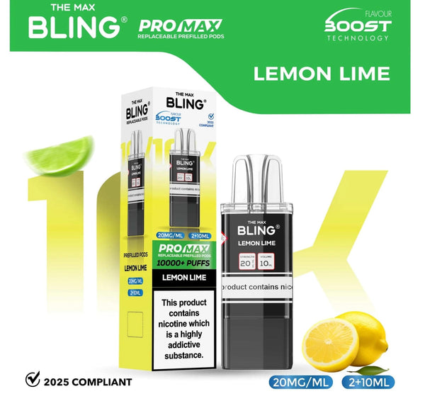 The Bling 10K Pro Max Replacement Prefilled Pods - Box of 5 Available In Lemon Lime Flavour 