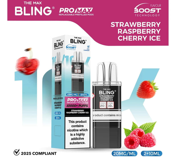 The Bling 10K Pro Max Replacement Prefilled Pods - Box of 5 Available In Strawberry Raspberry Cherry Ice Flavour 